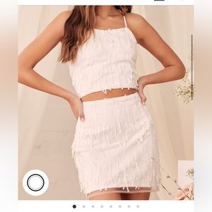 Lulus Dancing in a Dream White Fringe Lace Up Two Piece Mini Dress in Size Small